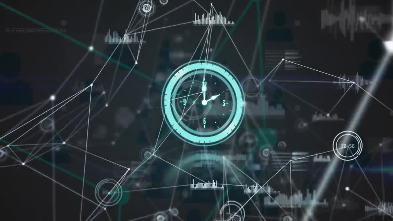 Animazione di reti di connessioni con un orologio che ticchetta.