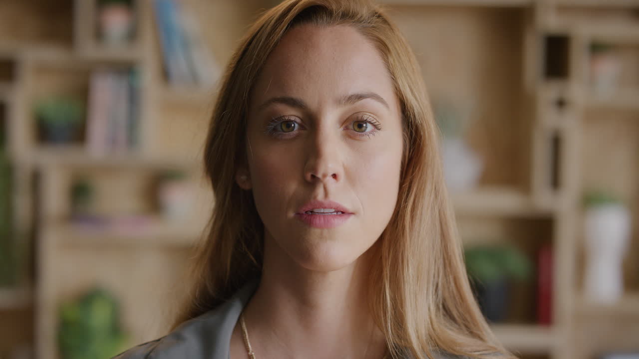 retrato independiente joven mujer de negocios con aspecto confiado mujer caucásica sonriente belleza femenina exitosa cámara lenta