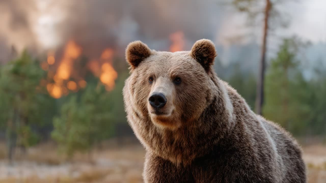 Un orso maestoso osserva l'ambiente circostante sullo sfondo di un incendio boschivo in lontananza, evidenziando la fragilità della natura e le minacce che gli animali selvatici affrontano nel loro habitat