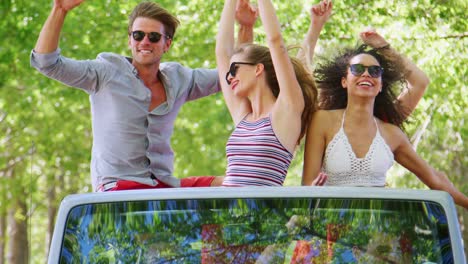 friends having fun standing in the back of an open top car