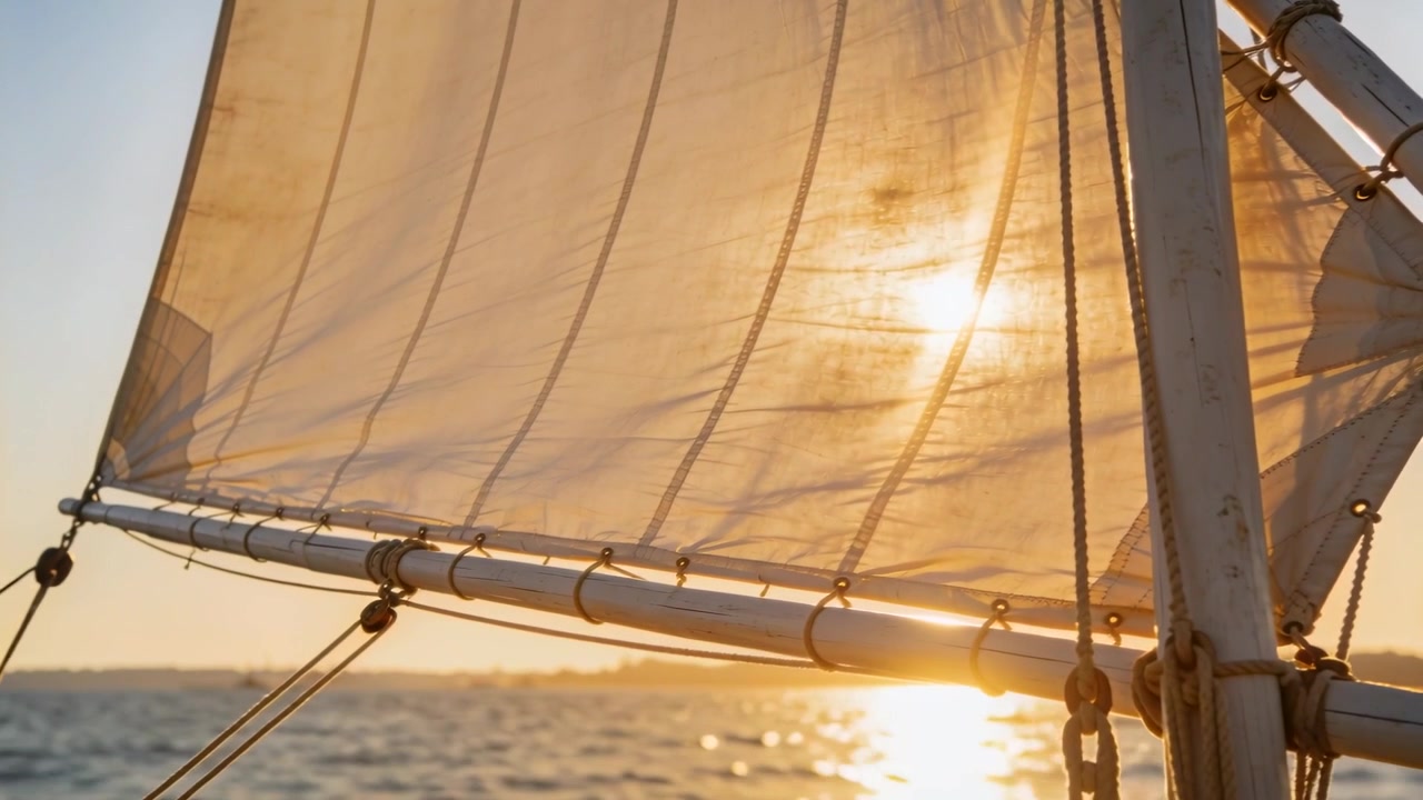 Blähendes Großsegel reagiert auf leichte Brise, während Takelage auf kleinem Boot strafft, Sonnenreflexion