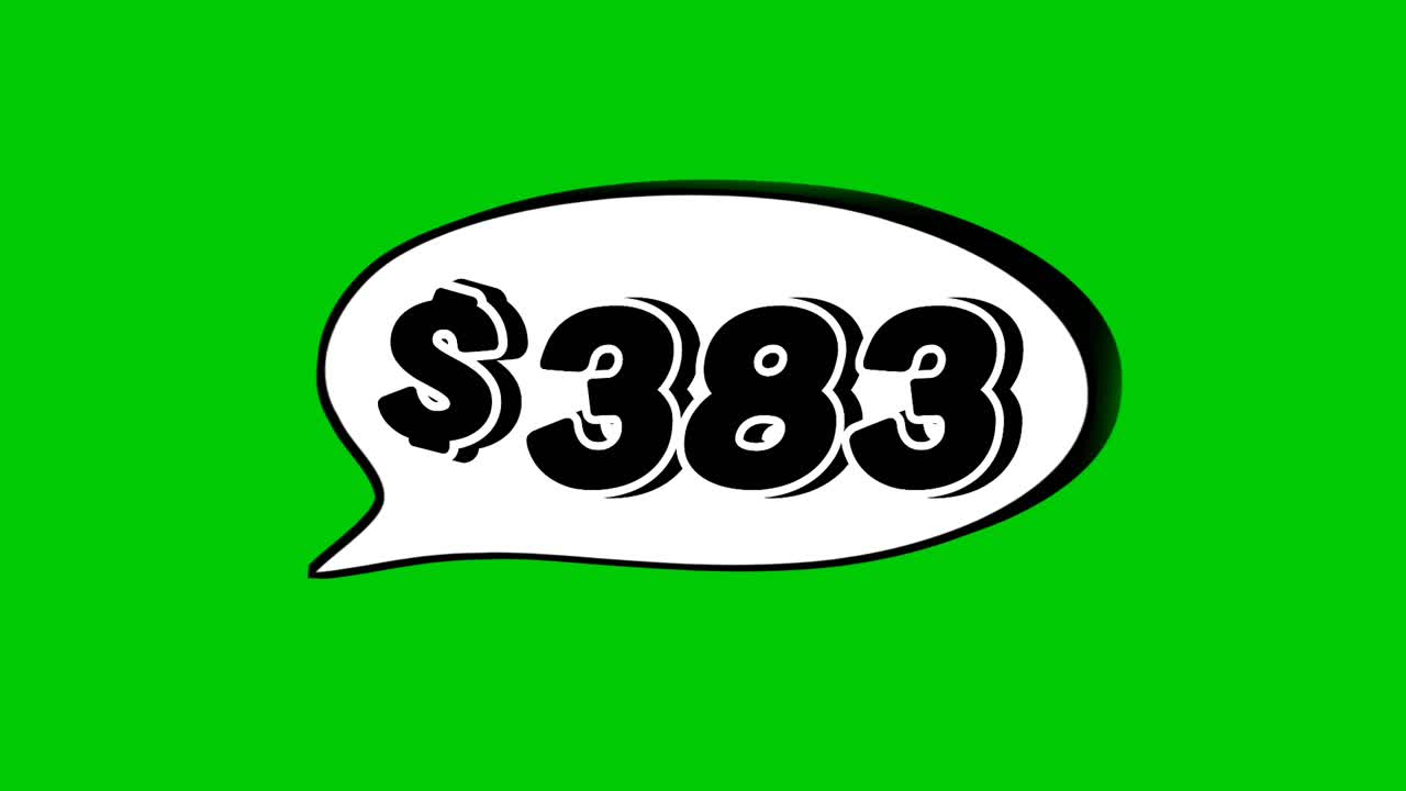 Animation $383 dollars price in a speech bubble on green screen.Perfect for sales, ads, or promo videos. Easy to use and customize in your projects video element