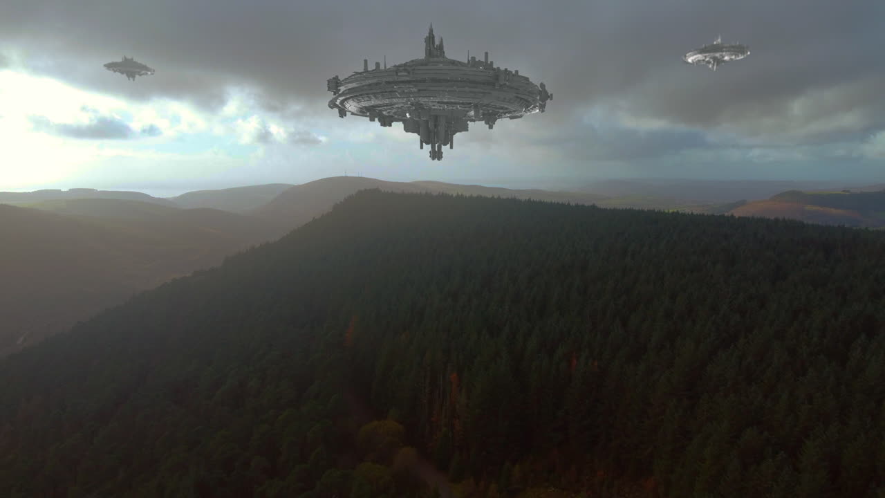 UFO Spaceships Descending Over Natural Forest Landscape on Planet Earth. Invasion of Extraterrestrial Alien Technology from Interstellar Space. Sci-Fi 3D Animation. ProRes