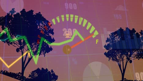 Animation-of-speedometer-and-statistical-data-processing-over-silhouette-of-trees-against-sunset-sky