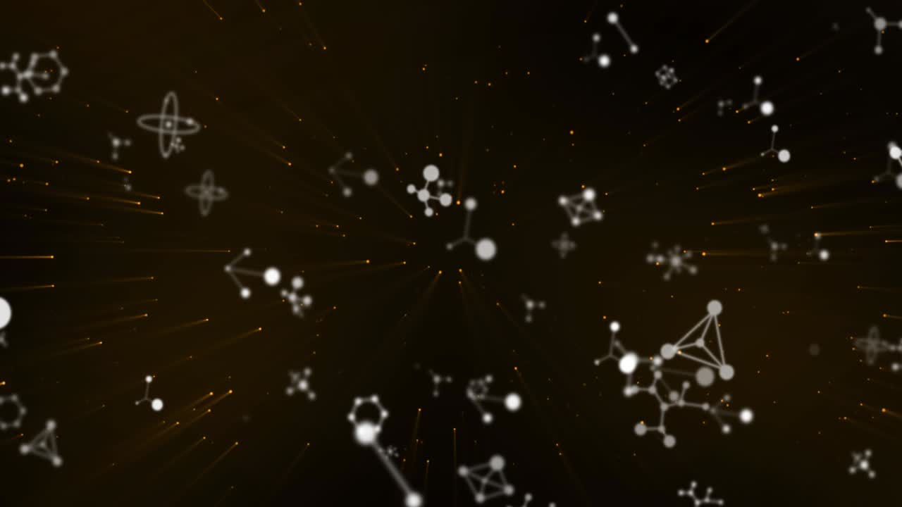검은 바탕 위에서 회전하는 분자의 애니메이션