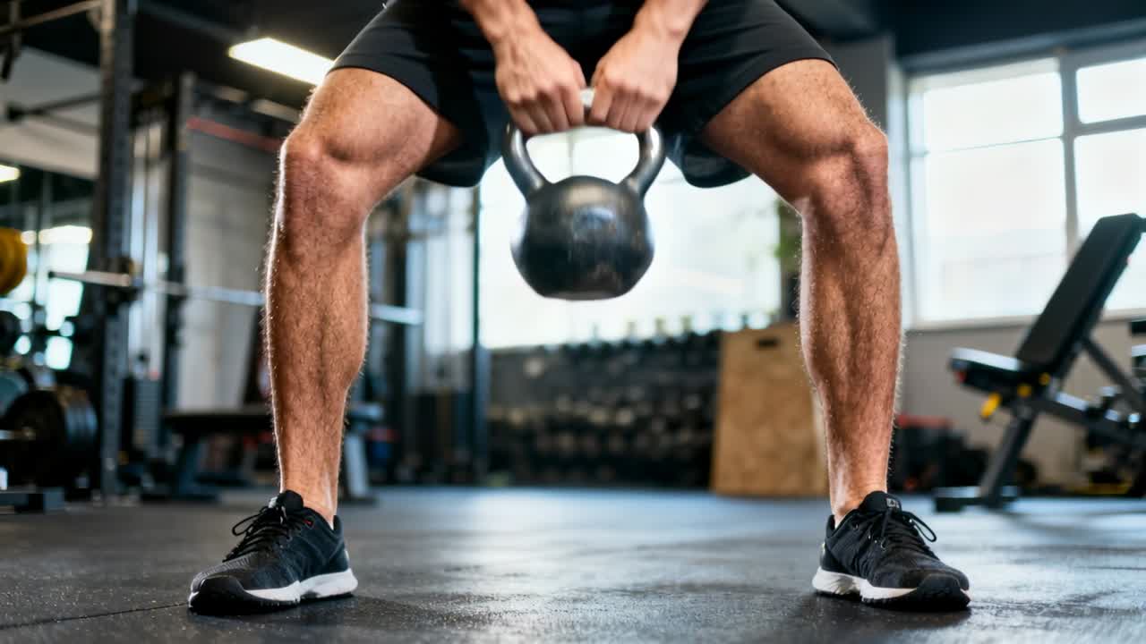 Uomo adulto esegue swing con kettlebell a due mani in palestra, in pantaloncini neri per il fitness.