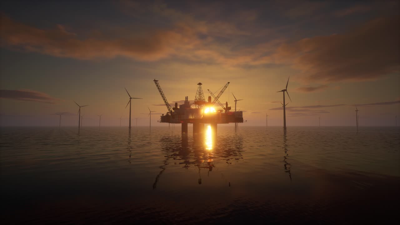 Offshore olieplatform og vindmøller ved solnedgang, energiovergang
