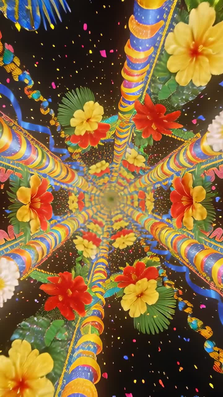 Video verticale: Tunnel floreale in loop che ruota verso l'interno, aggiungendo profondità con sei pali a nastro e flora.