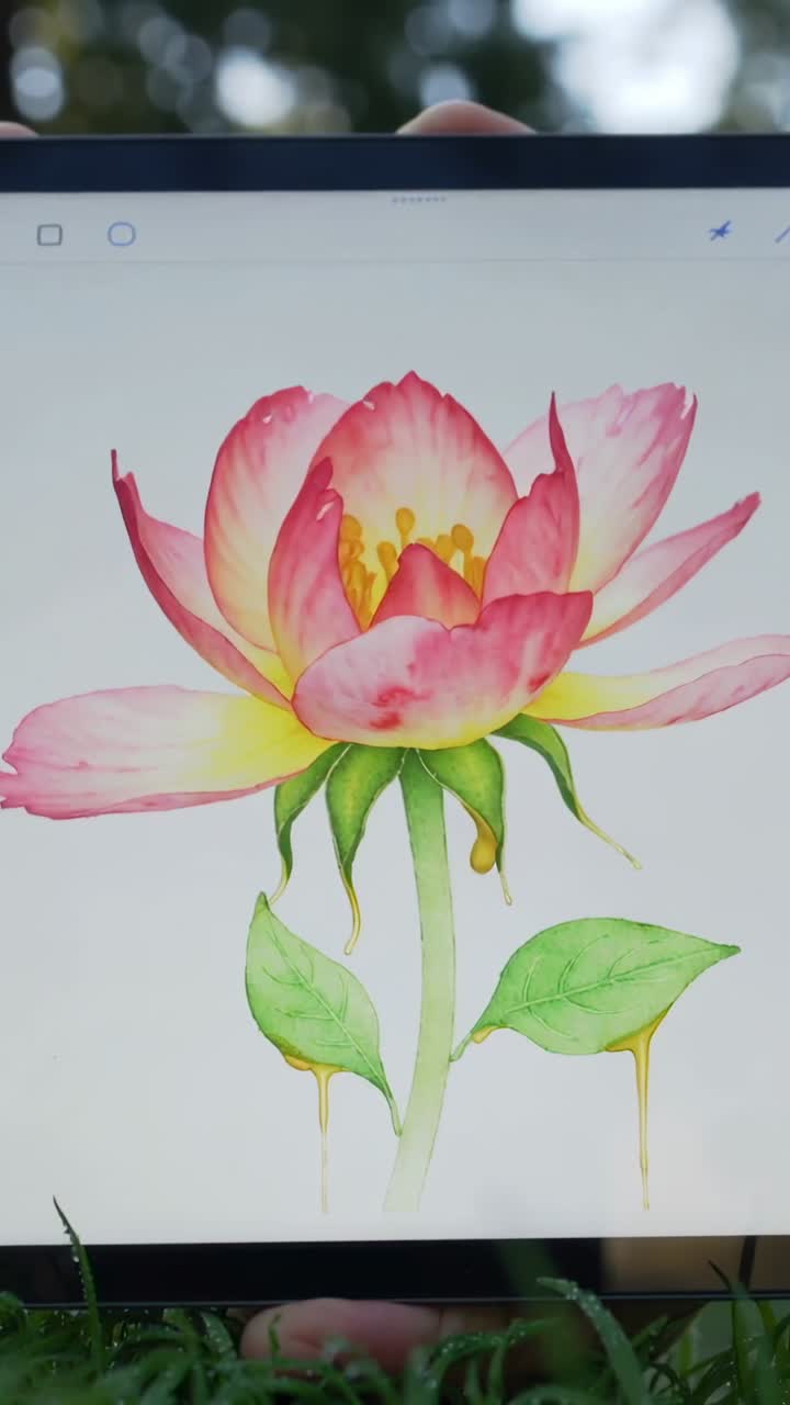 Vertical video: Playing animation, hands holding tablet showing flower blooming in park, icons seen