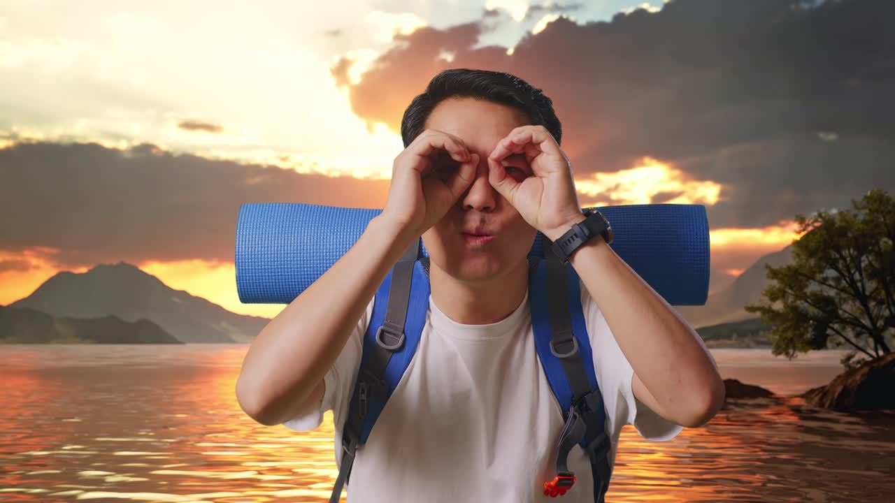 cerca de un excursionista masculino asiático con mochila de montañismo sonriendo y haciendo gestos de binoculares luego mirando a su alrededor en un lago
