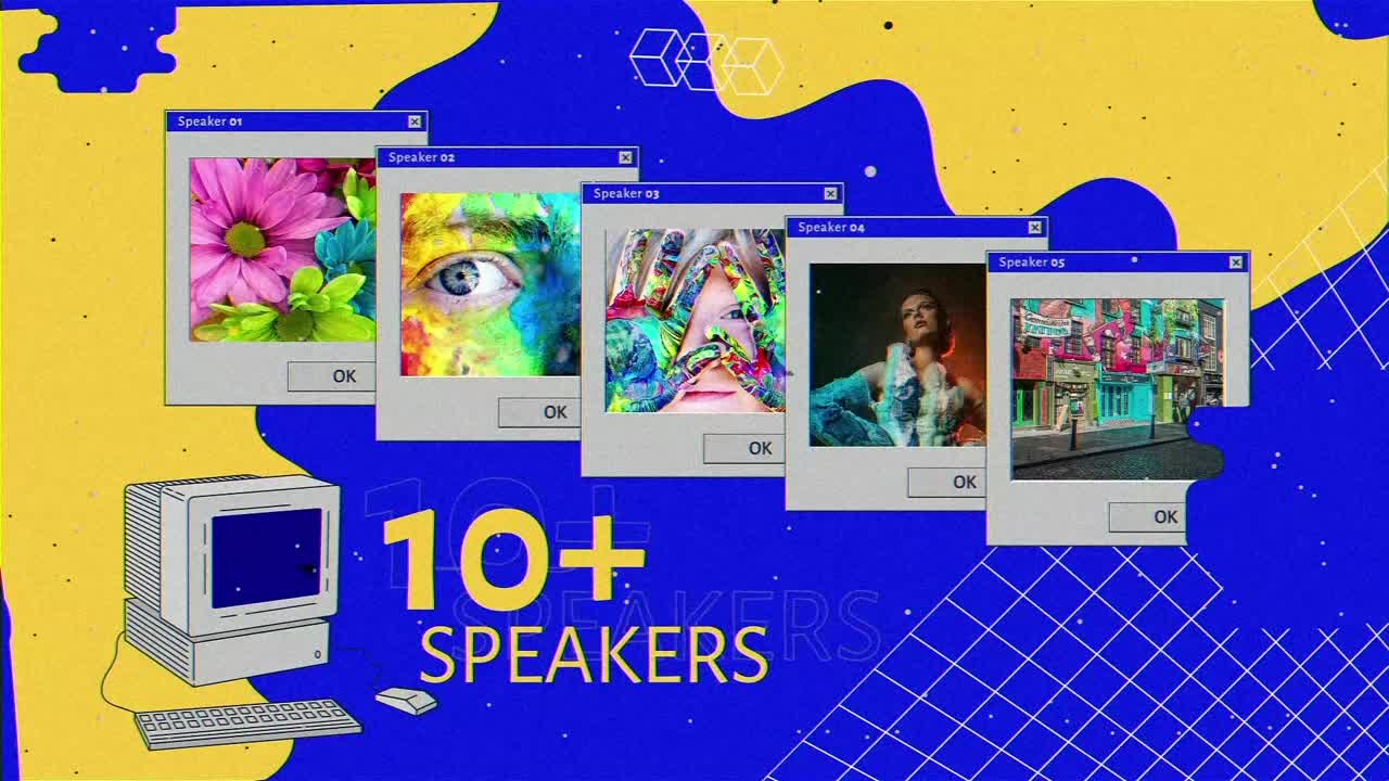 Animace v retro stylu 90. let s internetovou estetikou a abstraktní grafikou.