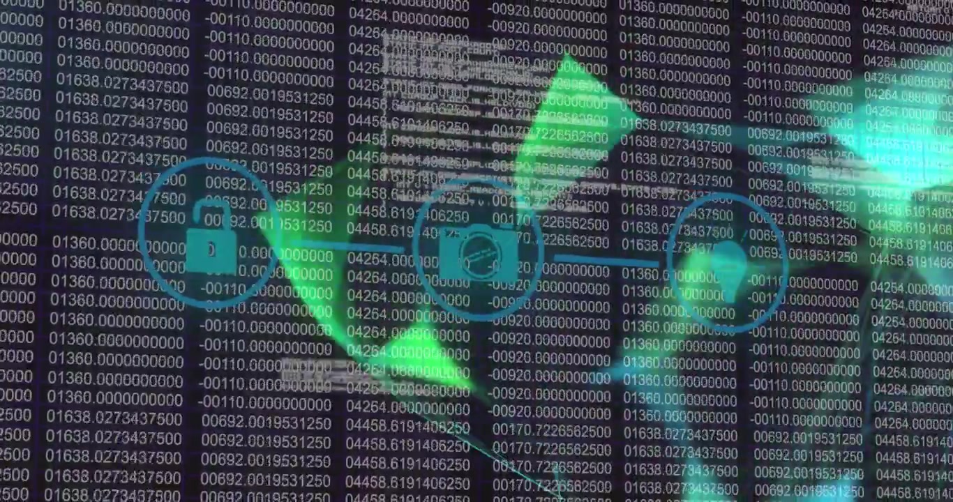 Animation of network of digital icons and plexus networks against binary coding data processing