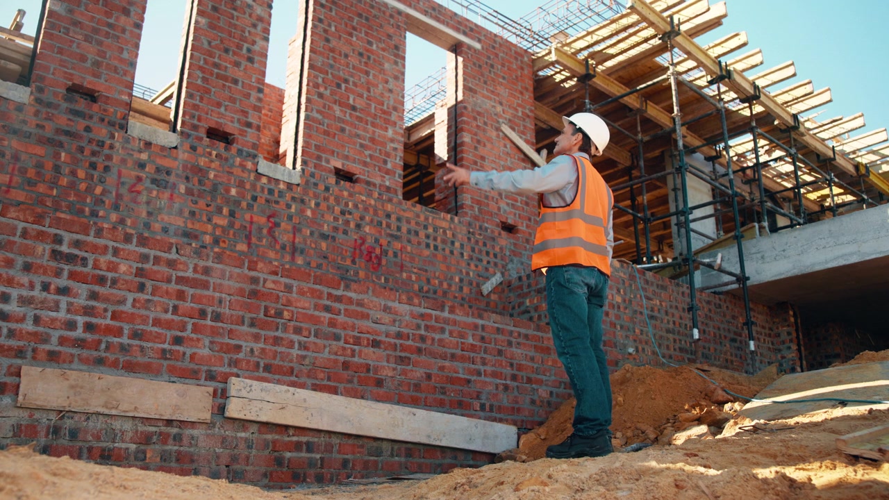 Construction Worker Inspecting Brick Wall at Building Site
