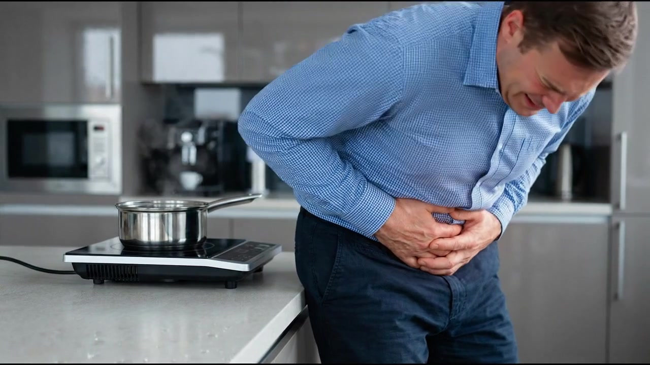 Person holding lower abdomen while standing beside kitchen counter in everyday health concept