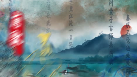 traditional chinese ink wash landscape with tang dynasty figures and poetry
