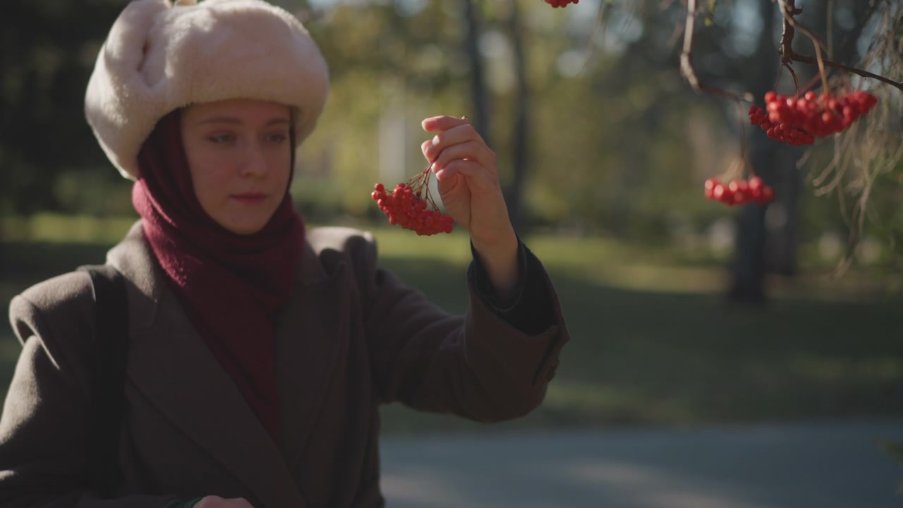 Primo piano di una donna che raccoglie bacche rosse dai rami degli alberi all'aperto. La donna tiene un ramo con frutti maturi e poi li trasferisce in una borsa a rete mentre è in piedi su un sentiero circondato dalla vegetazione.