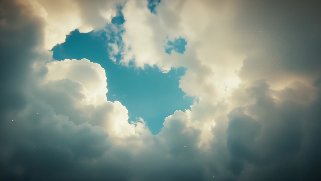 Shifting cumulus edges widening central sky opening overhead, drifting fragments revealing blue sky