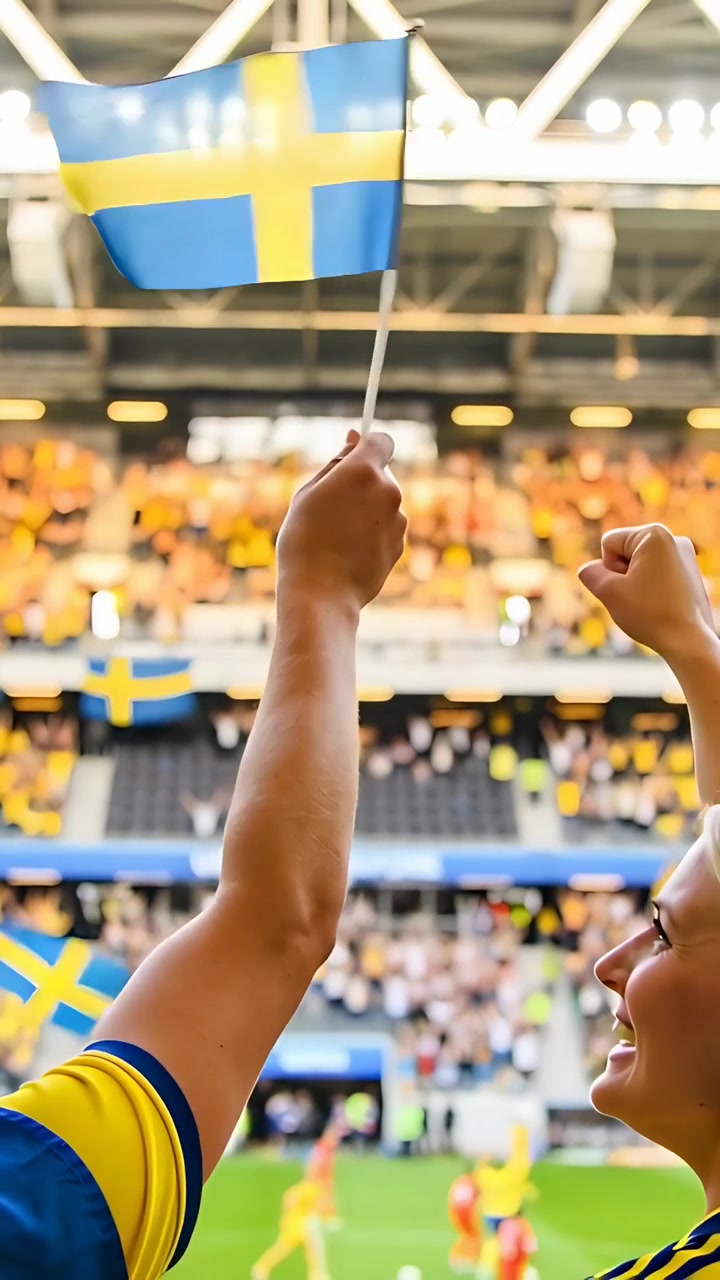 Video verticale: Un tifoso con una maglia gialla sventola e esulta durante una partita allo stadio, tenendo una bandiera svedese.