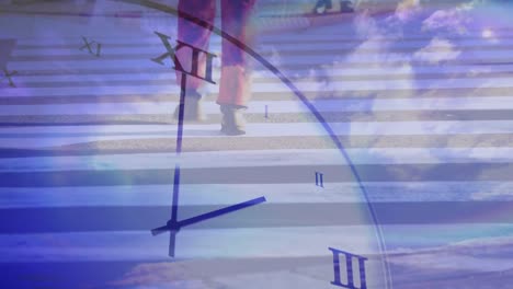 animation of moving hands on clock over feet walking on pedestrian crossing and blue cloudy sky