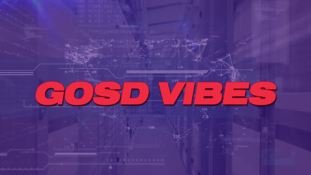 animación de buen texto de vibraciones con red de conexiones y procesamiento de datos a través de la sala de servidores.