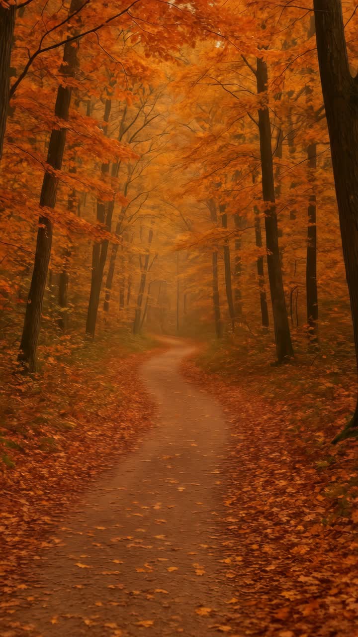 A serene forest path with vibrant autumn leaves, captured from a low angle