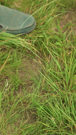 un primer plano de un trípode de madera que se está estableciendo en un campo cubierto de hierba, con una pierna humana parcialmente visible, destacando la simplicidad y la practicidad de las actividades al aire libre