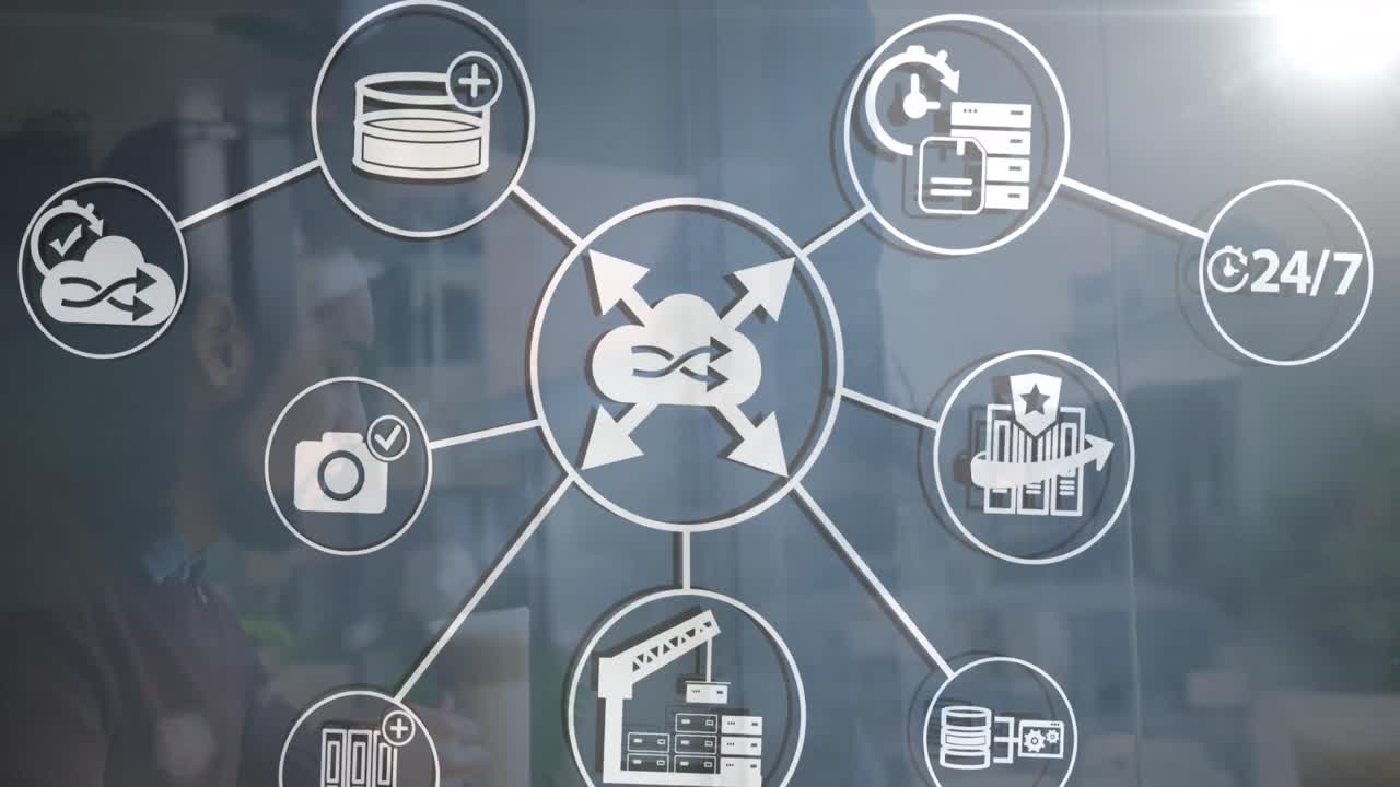 animación de una red de iconos digitales sobre un hombre biracial bebiendo café en una cafetería.