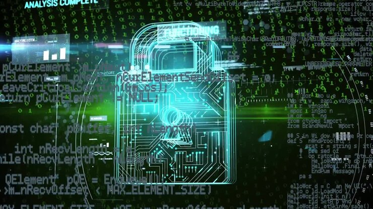 Animation of scope scanning and data processing over security padlock icon against black background
