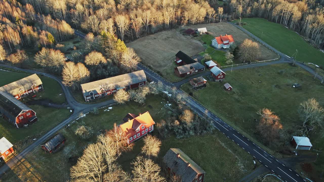 Beautiful aerial of a small abandoned town in rural Sweden