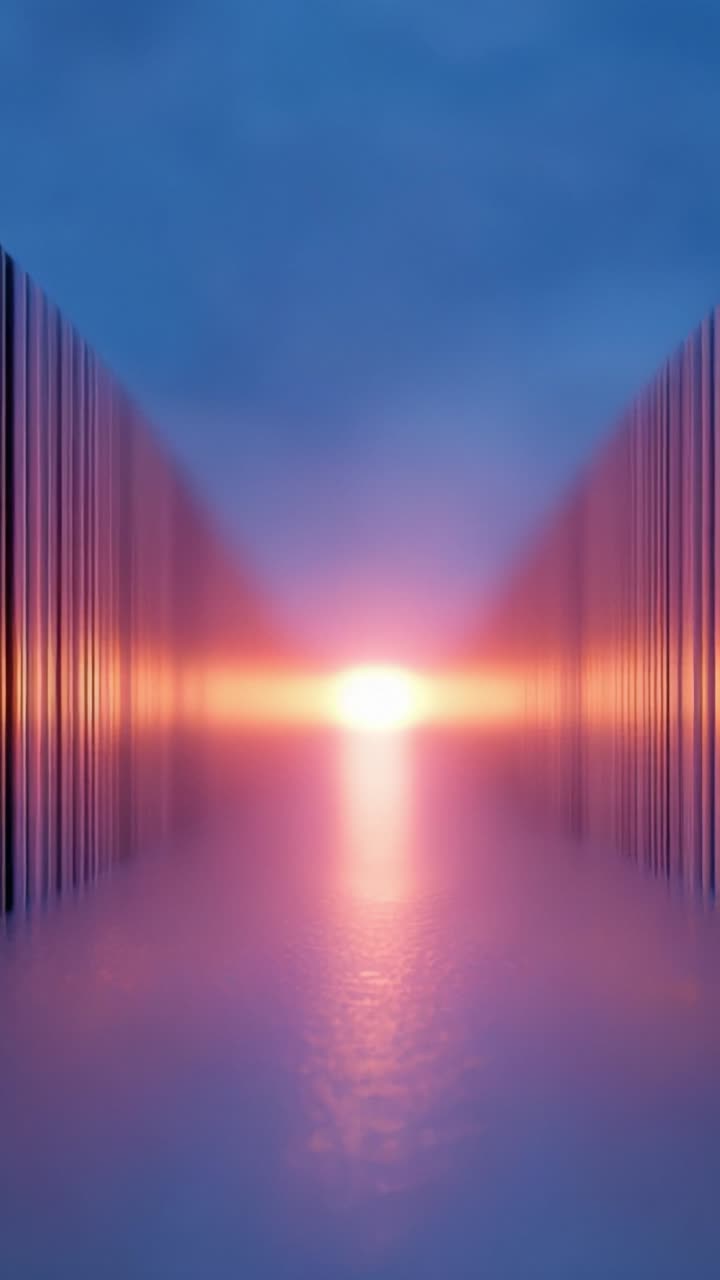 A mesmerizing view of a radiant sunset illuminating a narrow passage between two vertical structures, embodying tranquility and serenity in a dreamlike atmosphere