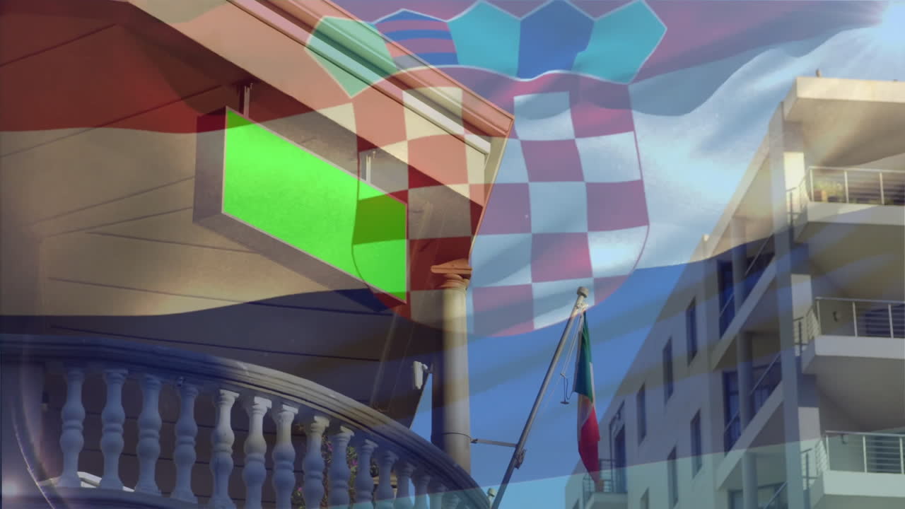 Italian tricolor flag flying in front of dual facades blending with animated flat design overlay
