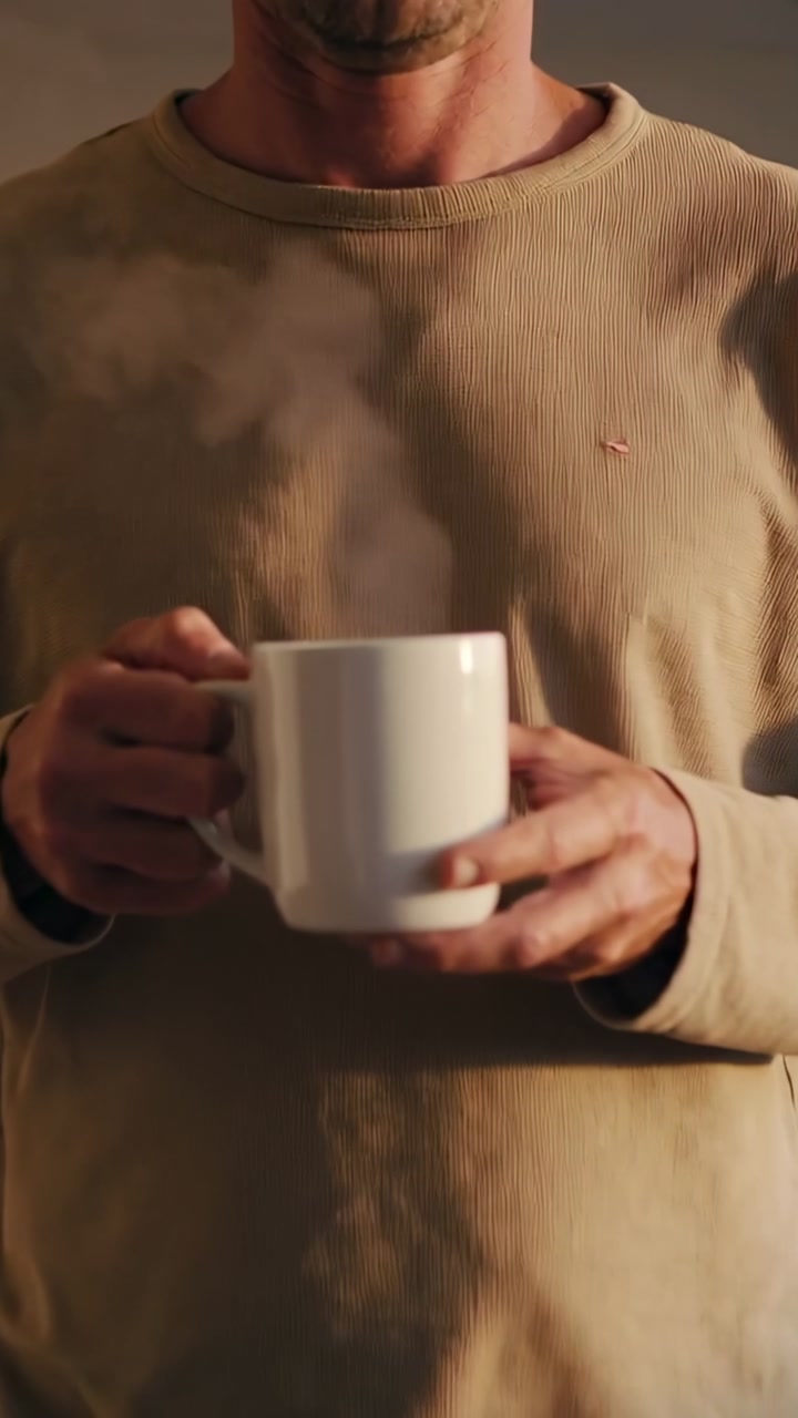 Vertical video: Camera zooming man moving closer in living room, lifting white mug, preparing drink