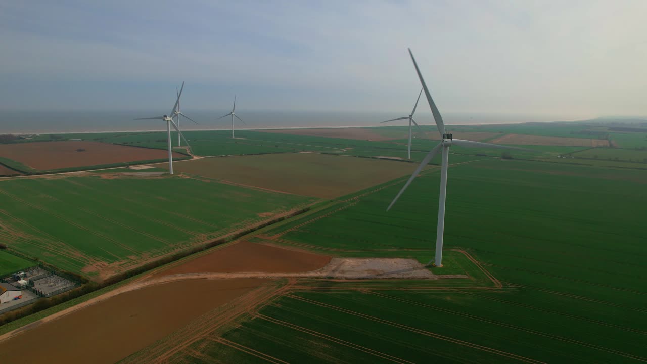 Huge wind turbines blades of Lissett Airfield wind farm in Yorkshire, UK