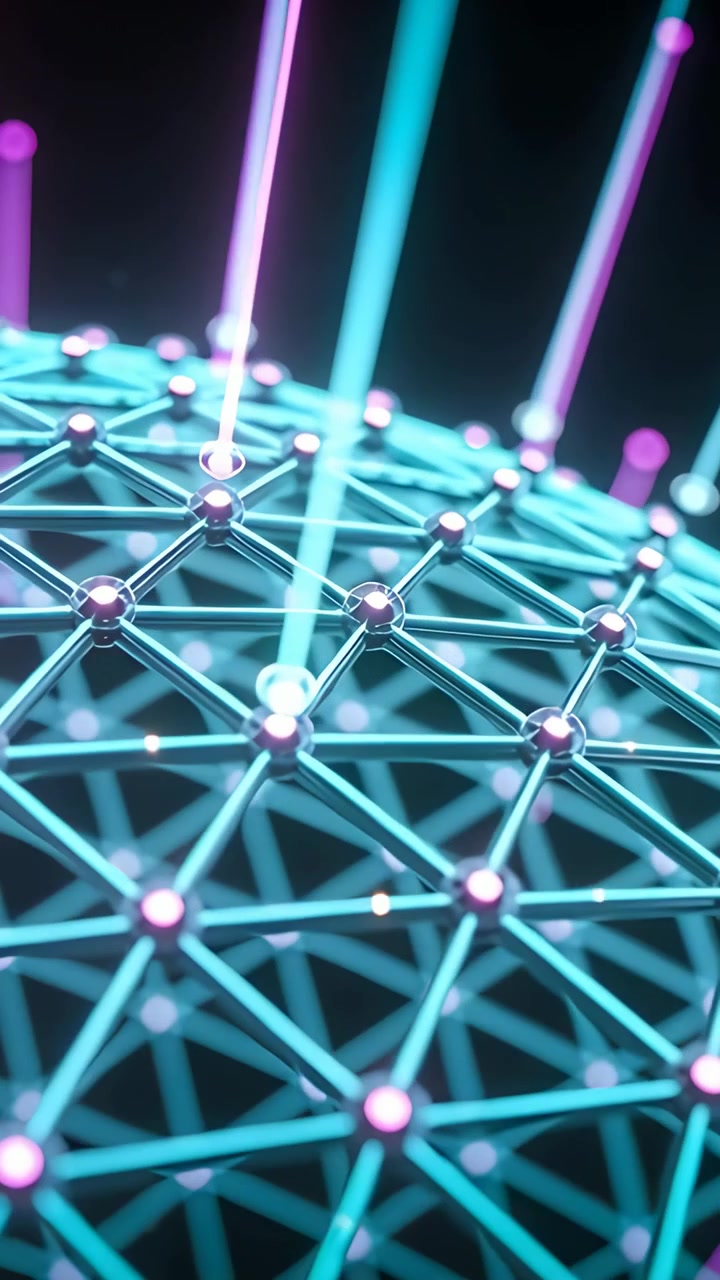 Vertical video: Moving camera sparking lattice sphere pulsing in void, revealing neon beams rising