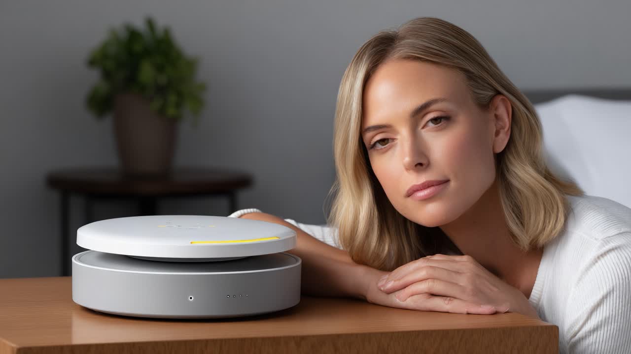 Woman Relaxing in a Comfortable Environment with a Modern Device on the Nightstand for Enhanced Well-being and Serenity