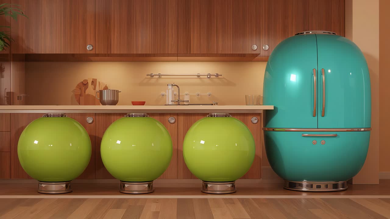 Panning camera revealing three lime-green spheres and teal fridge in retro kitchen, showing details