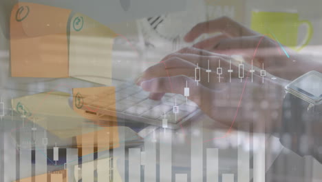 animation of statistics recording over man typing on computer keyboard