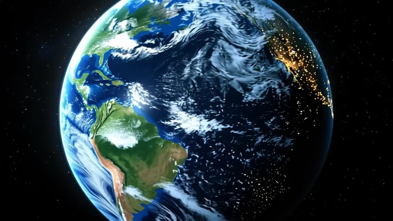 Nighttime earth view from space. Earth is illuminated by city lights as seen from space, showcasing coastline and cloud patterns against a dark backdrop.