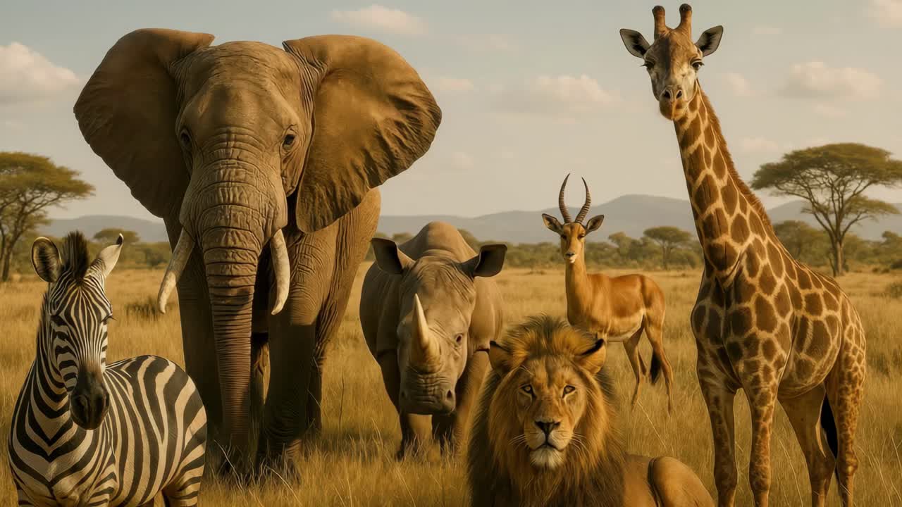 A wildlife video concept featuring a low-angle shot of diverse African animals