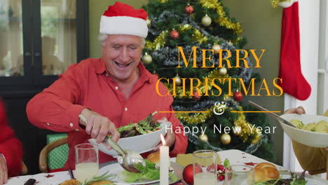 animation of christmas greetings text over senior caucasian man at christmas meal table