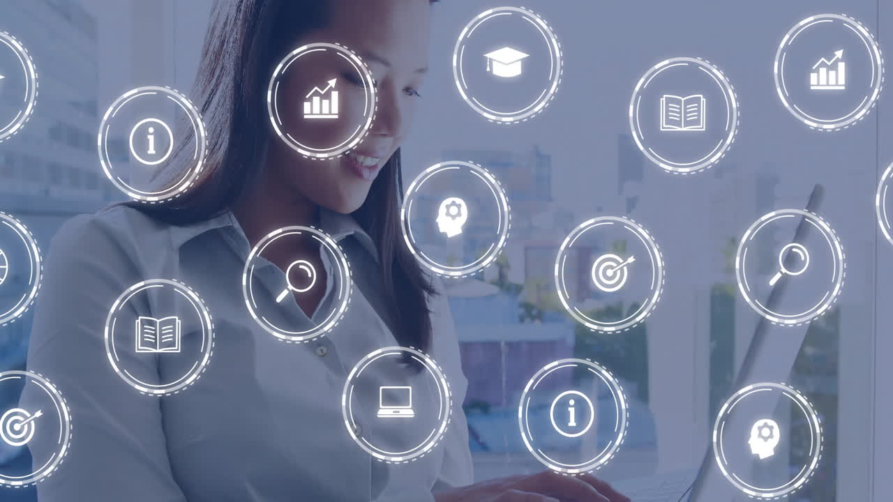 Animation of digital icons and data processing over biracial businesswoman in office