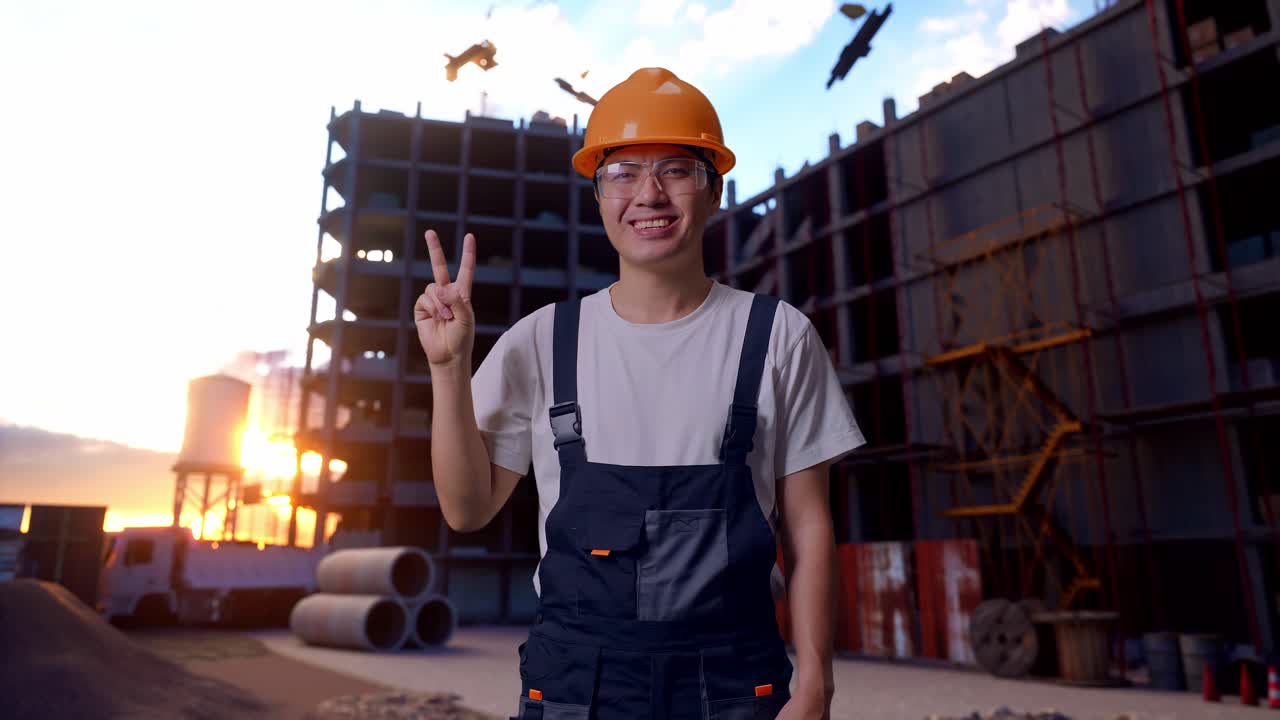 un trabajador asiático muestra un gesto de paz a la cámara en el sitio de construcción