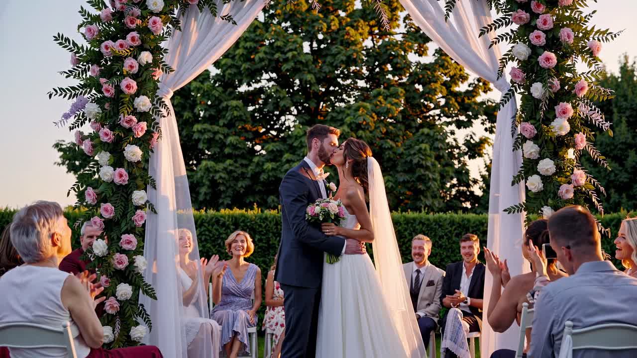 Una scena video romantica di matrimonio con un'angolazione frontale della telecamera che riprende una coppia che si bacia sotto un addobbo floreale