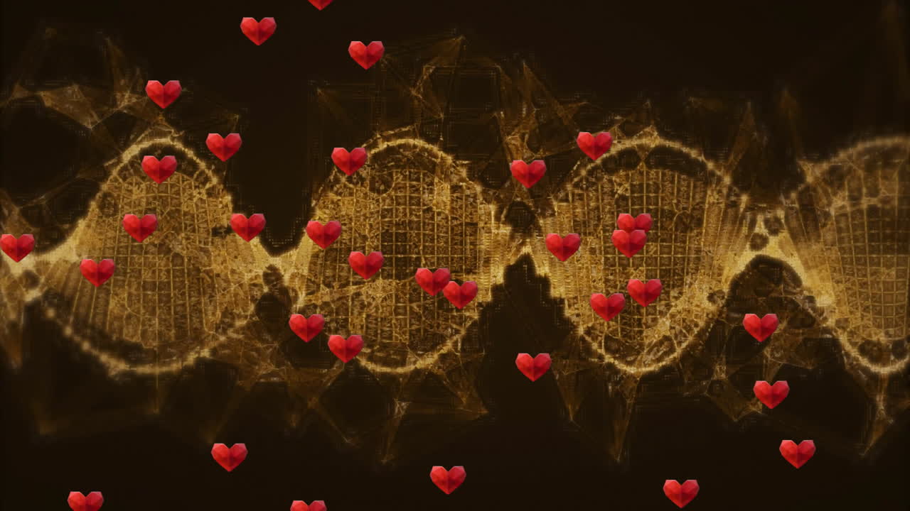 Glowing golden DNA double helix spanning width in 3D render, floating red heart icons scattering