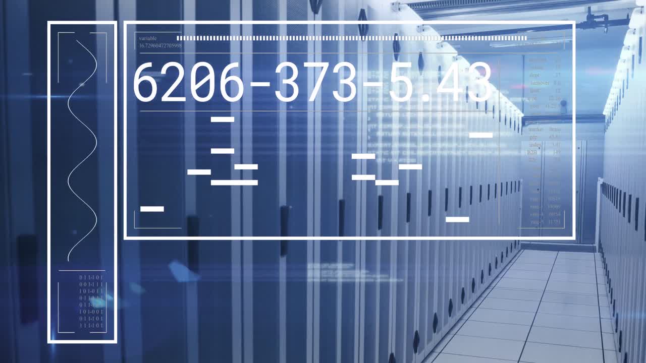 animación de pantalla con números cambiantes sobre bastidores de datos en la sala del servidor