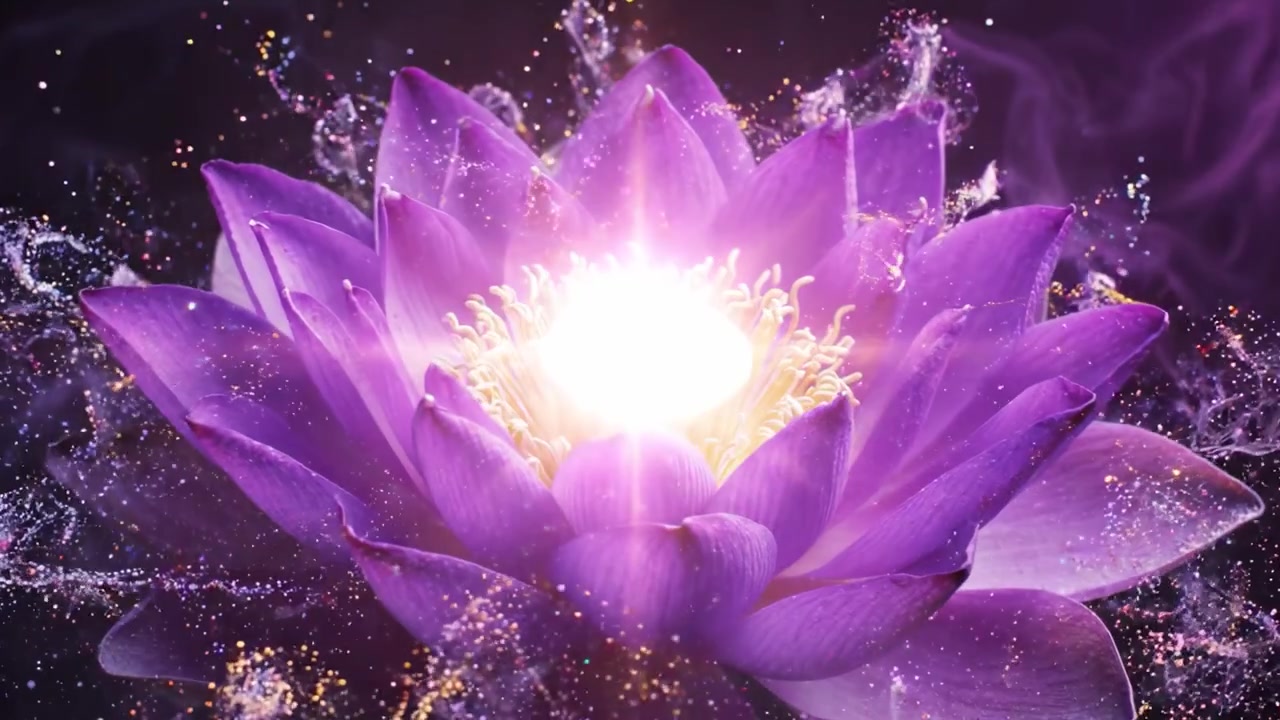 Accattivante loto viola che sboccia con grazia dal bocciolo al fiore completo, circondato da vortici eterei di colore e luce, che simboleggia bellezza e tranquillità.