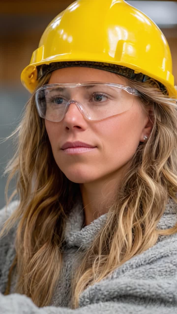 Concentrazione e determinazione: ritratto di una donna con cappello e occhiali di protezione, che incarna forza e professionalità in un contesto edile