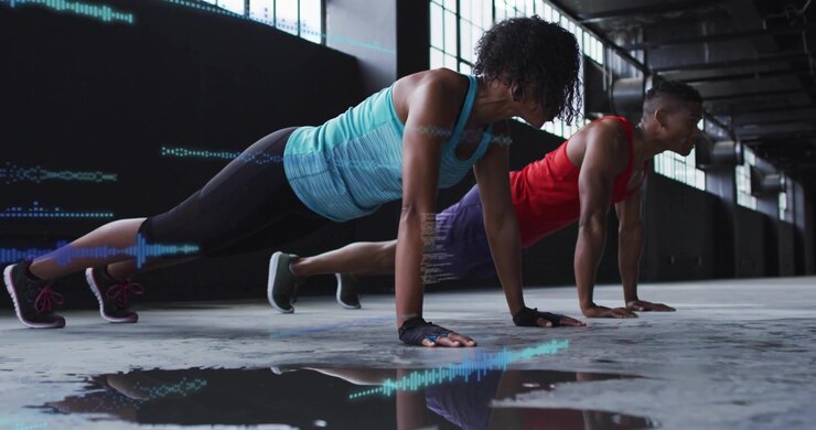 Woman leading man doing sync pushups on wet floor HUD waves growing over reflection for training