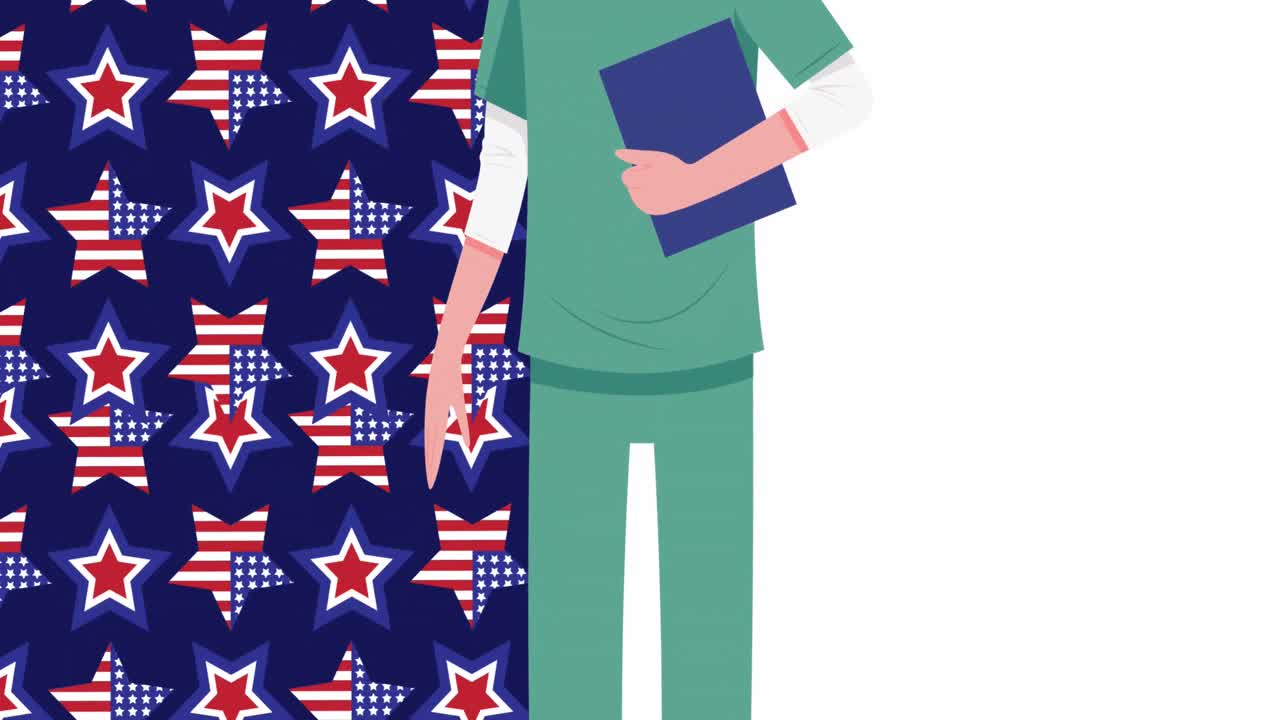 Animation of female doctor and stars coloured with flag of united states of america