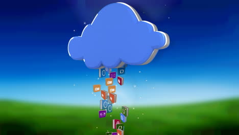 animation of blue cloud with digital online icons floating over field